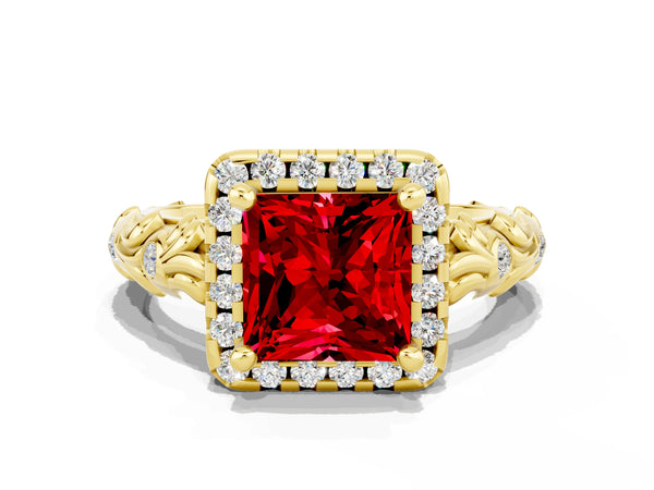 Yellow gold Princess Cut Ruby Halo Ring with Filigree Band and Prong Setting