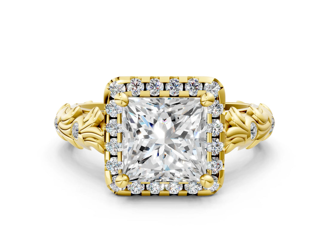 Yellow gold Princess Cut Halo Diamond Solitaire with Filigree Band and Four-Prong Setting_19