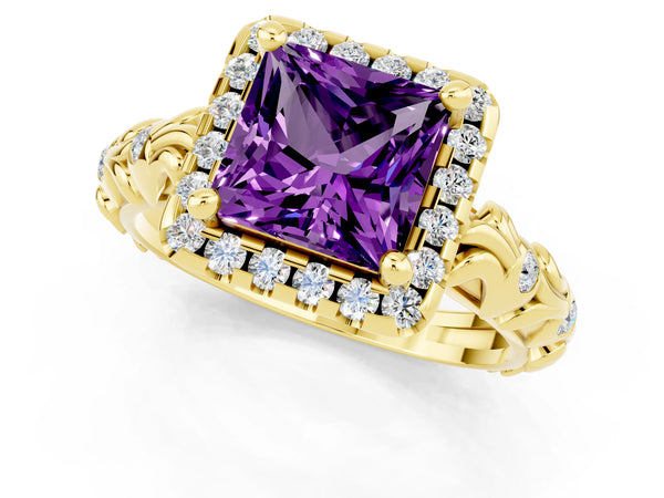Yellow gold Princess Cut Amethyst Halo Ring with Filigree Band and Prong Setting