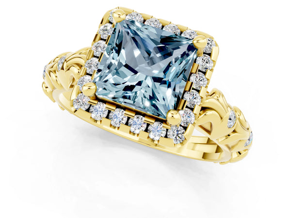Yellow gold Princess Cut Aquamarine Halo Ring with Filigree Band and Prong Setting