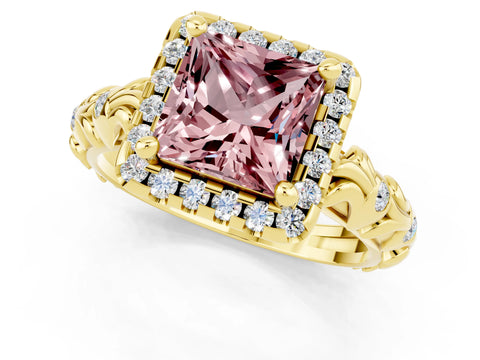 Yellow gold Princess Cut Halo Diamond Solitaire with Filigree Band and Four-Prong Setting_1