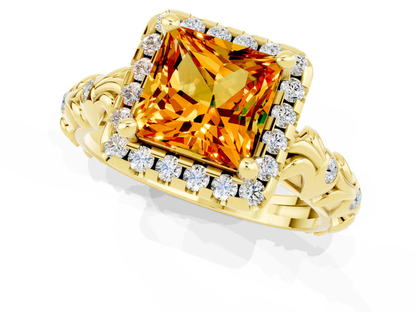 Yellow gold Princess Cut Citrine Halo Ring with Filigree Band and Prong Setting