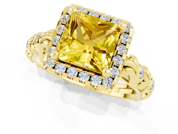 Yellow gold Princess Cut Yellow Sapphire Halo Ring with Filigree Band and Prong Setting