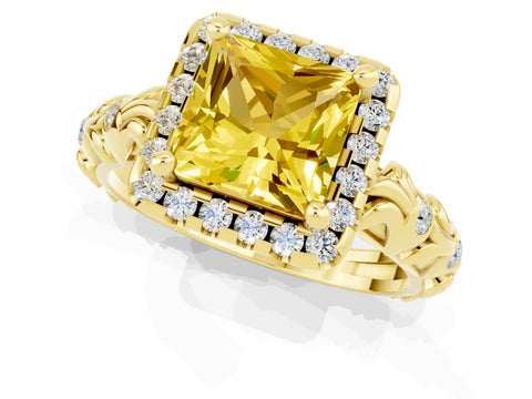 Yellow gold Princess Cut Halo Diamond Solitaire with Filigree Band and Four-Prong Setting_1