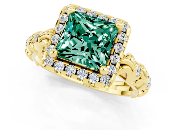 Yellow gold Princess Cut Green Sapphire Halo Ring with Filigree Band and Prong Setting
