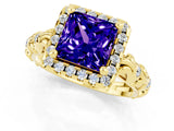 Yellow gold Princess Cut Halo Diamond Solitaire with Filigree Band and Four-Prong Setting_1