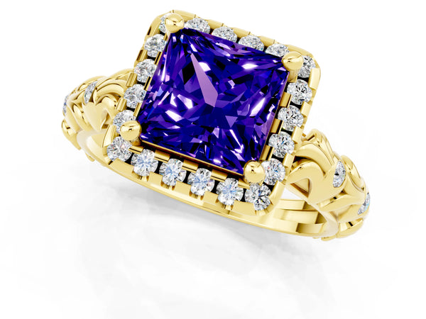 Yellow gold Princess Cut Tanzanite Halo Ring with Filigree Band and Prong Setting