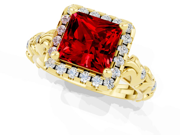 Yellow gold Princess Cut Ruby Halo Ring with Filigree Band and Prong Setting