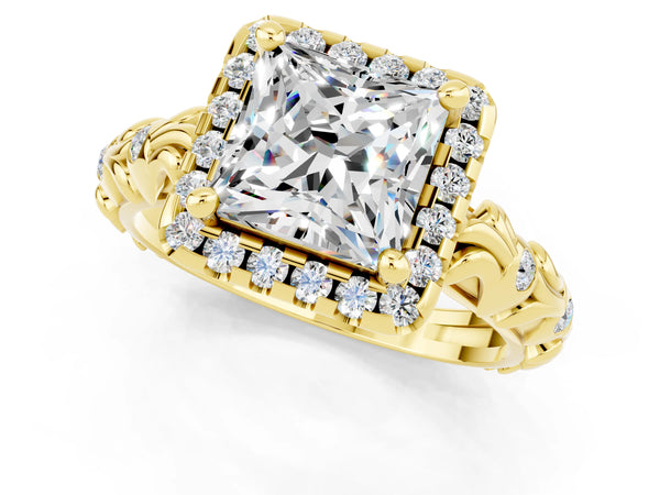 Yellow gold Princess Cut Moissanite Halo Ring with Filigree Band and Prong Setting