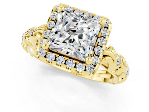 Yellow gold Princess Cut Halo Diamond Solitaire with Filigree Band and Four-Prong Setting_1