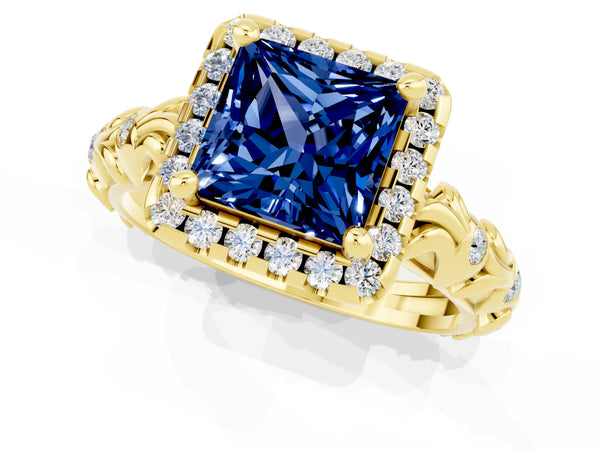 Yellow gold Princess Cut Blue Sapphire Halo Ring with Filigree Band and Prong Setting