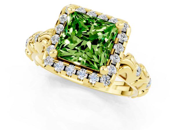 Yellow gold Princess Cut Peridot Halo Ring with Filigree Band and Prong Setting