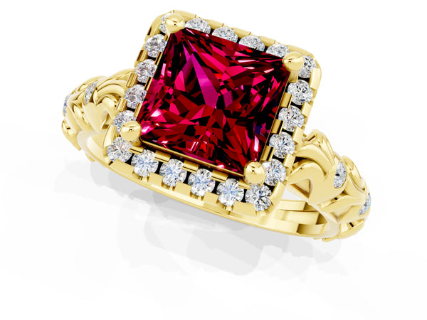 Yellow gold Princess Cut Garnet Halo Ring with Filigree Band and Prong Setting