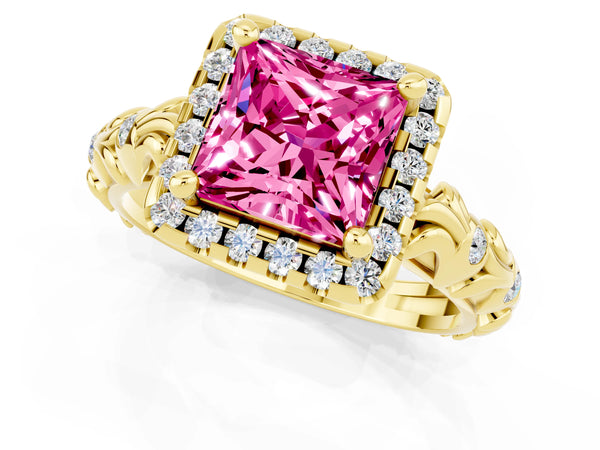 Yellow gold Princess Cut Pink Sapphire Halo Ring with Filigree Band and Prong Setting