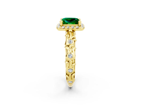 Yellow gold Princess Cut Emerald Halo Ring with Filigree Band and Prong Setting