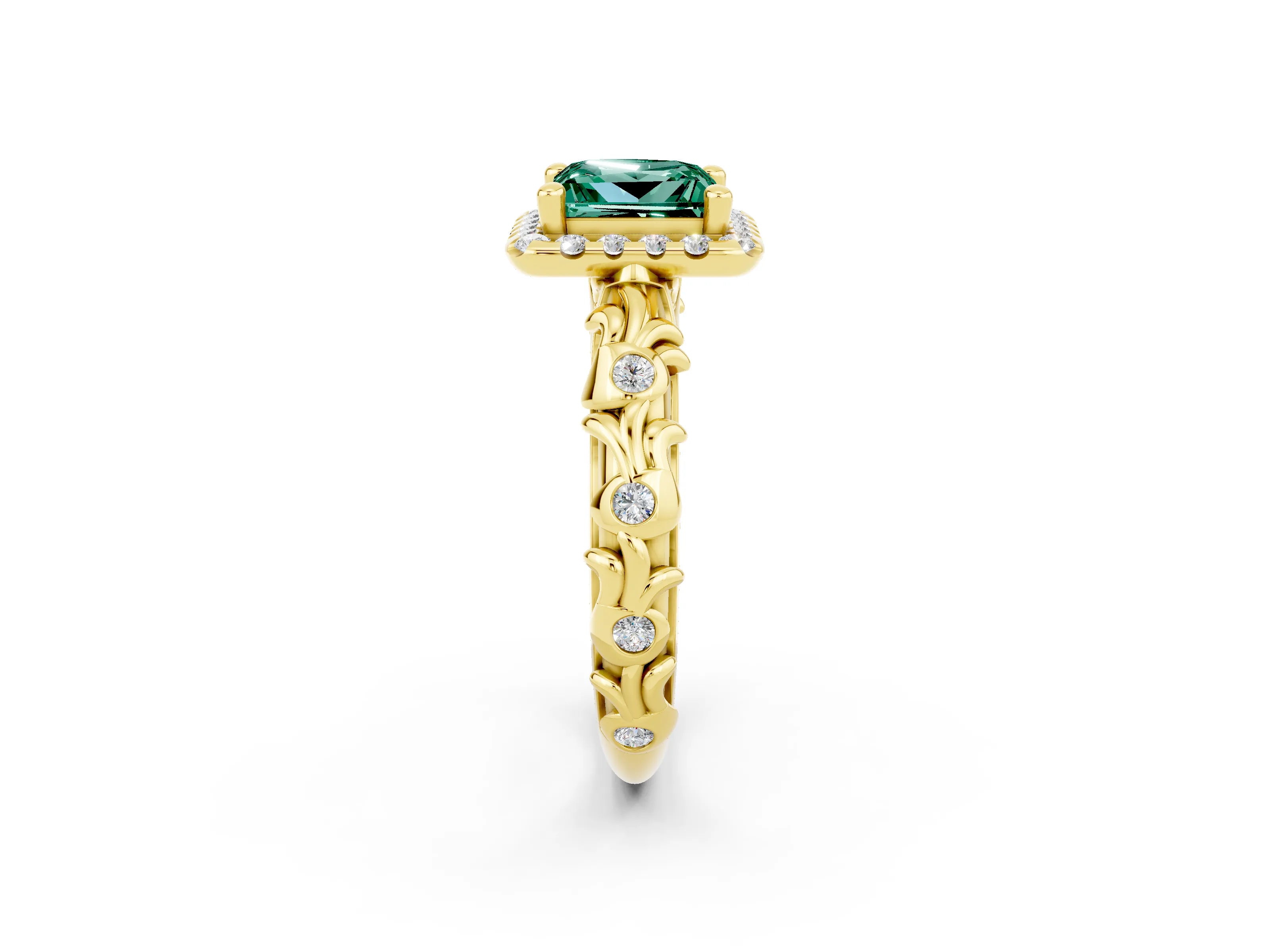 Yellow gold Princess Cut Halo Diamond Solitaire with Filigree Band and Four-Prong Setting_2
