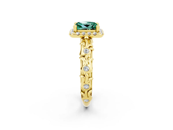 Yellow gold Princess Cut Green Sapphire Halo Ring with Filigree Band and Prong Setting
