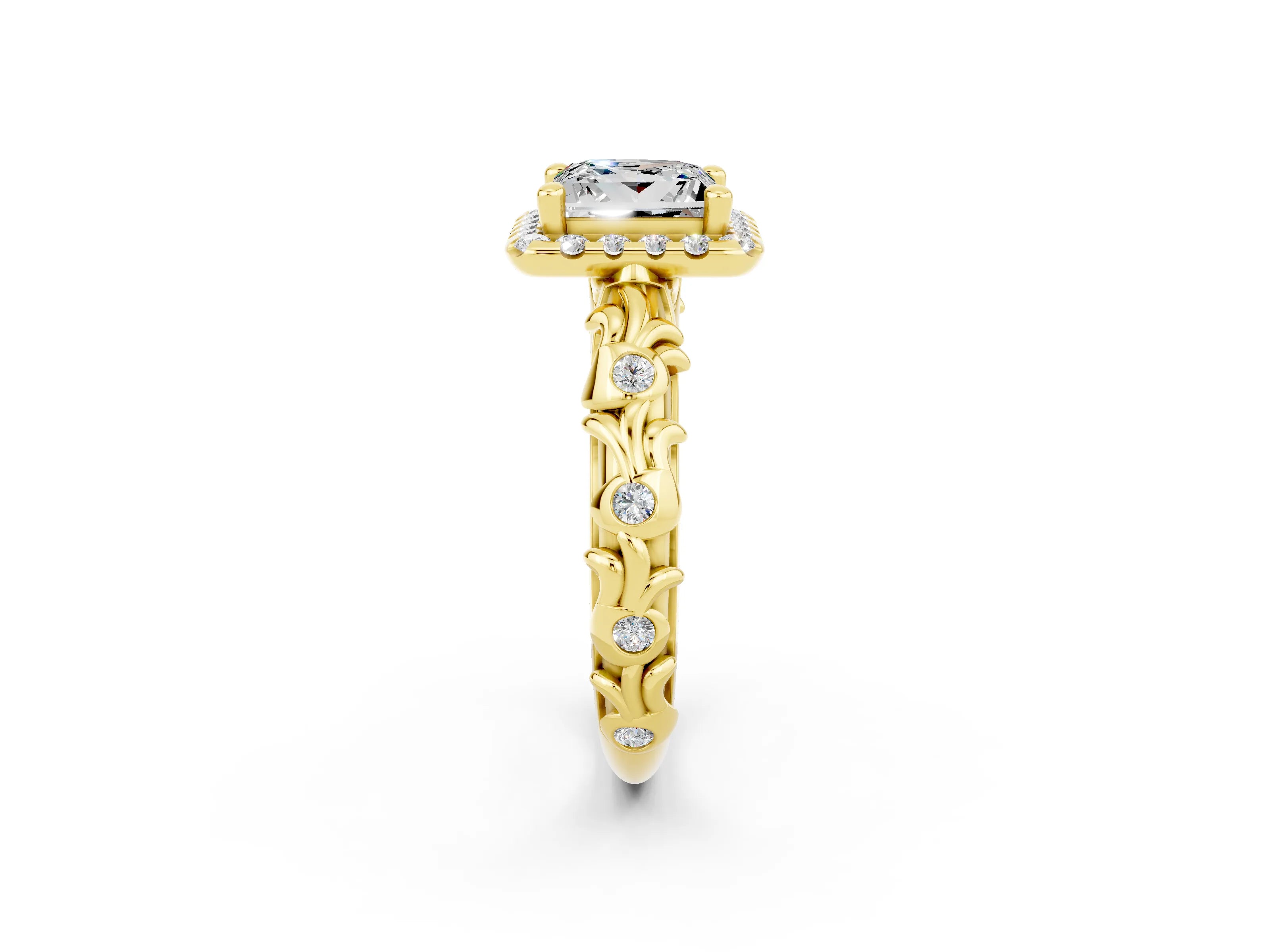 Yellow gold Princess Cut Halo Diamond Solitaire with Filigree Band and Four-Prong Setting_2