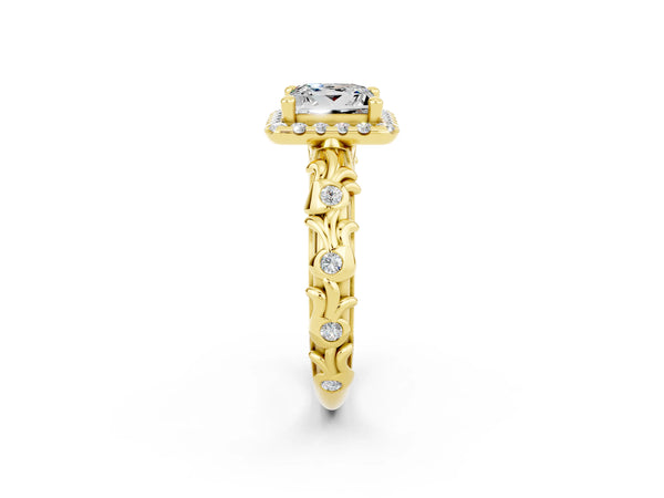 Yellow gold Princess Cut Moissanite Halo Ring with Filigree Band and Prong Setting
