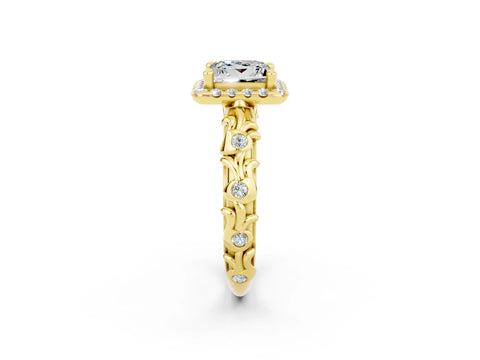 Yellow gold Princess Cut Halo Diamond Solitaire with Filigree Band and Four-Prong Setting_2