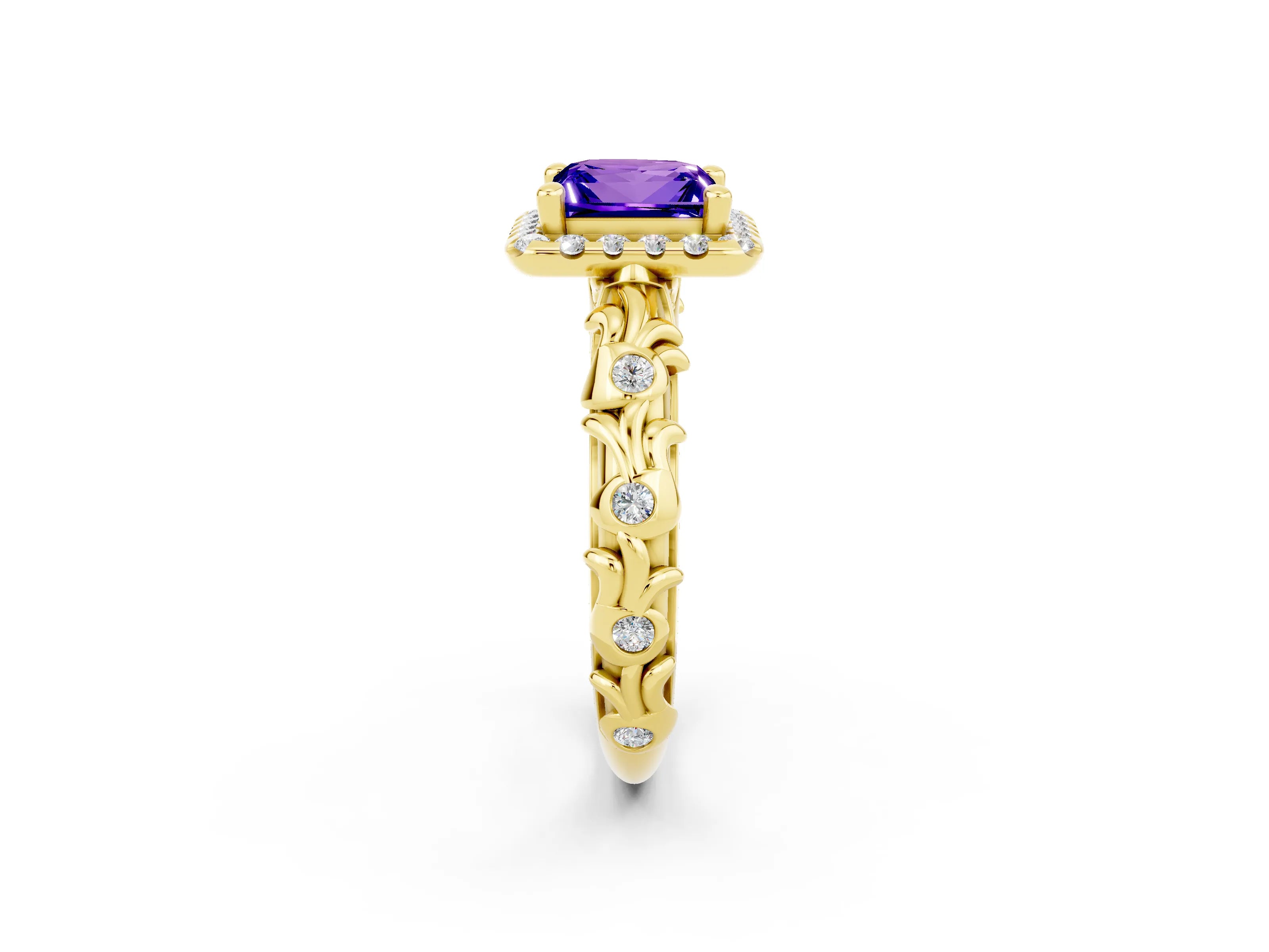 Yellow gold Princess Cut Halo Diamond Solitaire with Filigree Band and Four-Prong Setting_2