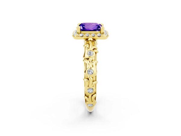 Yellow gold Princess Cut Tanzanite Halo Ring with Filigree Band and Prong Setting