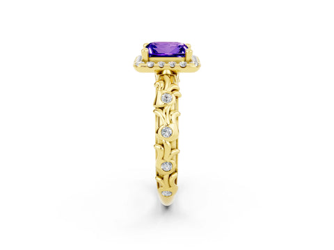 Yellow gold Princess Cut Halo Diamond Solitaire with Filigree Band and Four-Prong Setting_2