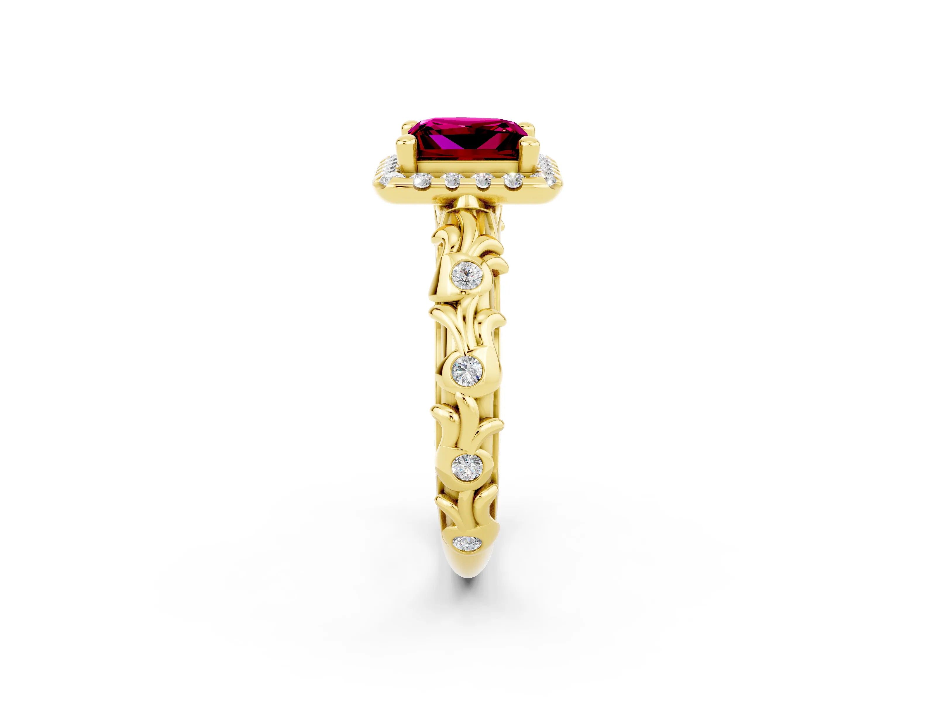 Yellow gold Princess Cut Halo Diamond Solitaire with Filigree Band and Four-Prong Setting_2