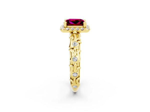 Yellow gold Princess Cut Garnet Halo Ring with Filigree Band and Prong Setting