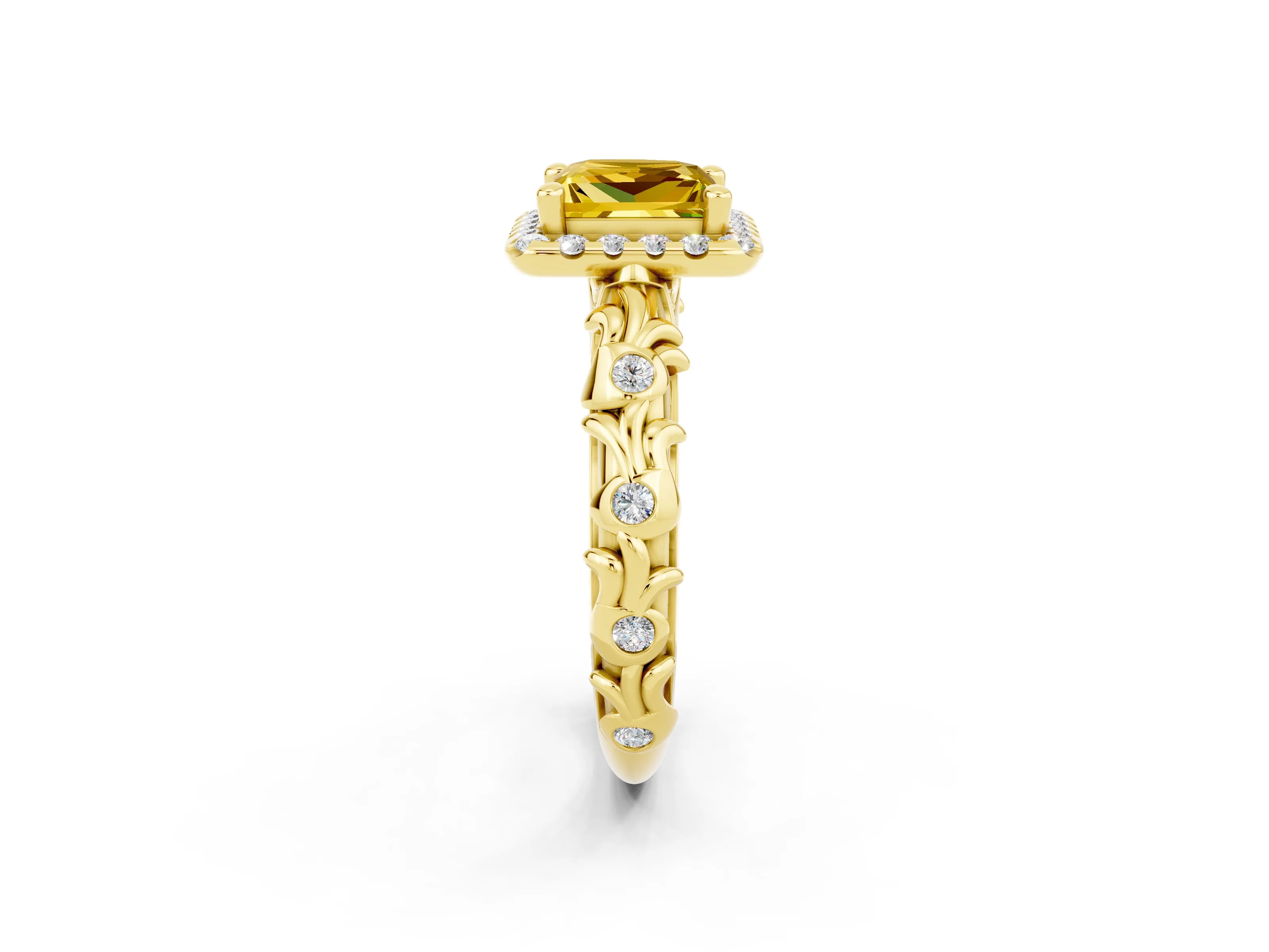 Yellow gold Princess Cut Halo Diamond Solitaire with Filigree Band and Four-Prong Setting_2