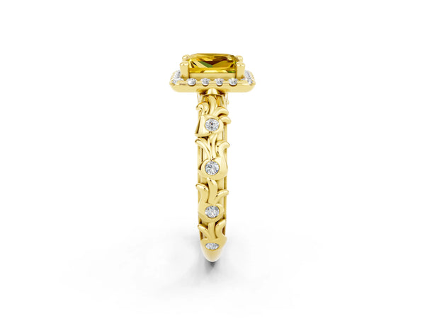Yellow gold Princess Cut Yellow Sapphire Halo Ring with Filigree Band and Prong Setting