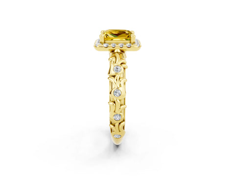 Yellow gold Princess Cut Halo Diamond Solitaire with Filigree Band and Four-Prong Setting_2