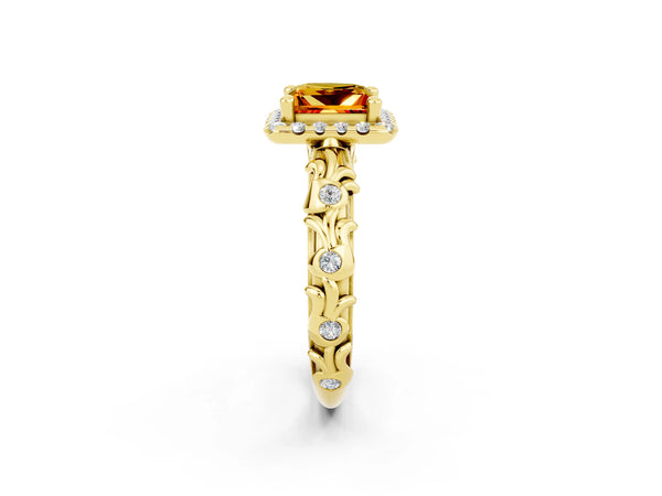 Yellow gold Princess Cut Citrine Halo Ring with Filigree Band and Prong Setting