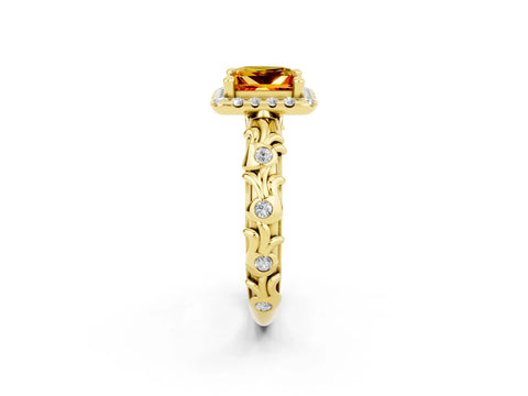 Yellow gold Princess Cut Halo Diamond Solitaire with Filigree Band and Four-Prong Setting_2
