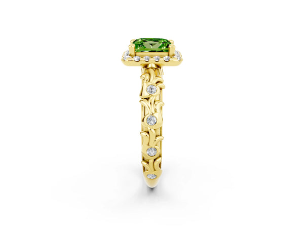 Yellow gold Princess Cut Peridot Halo Ring with Filigree Band and Prong Setting