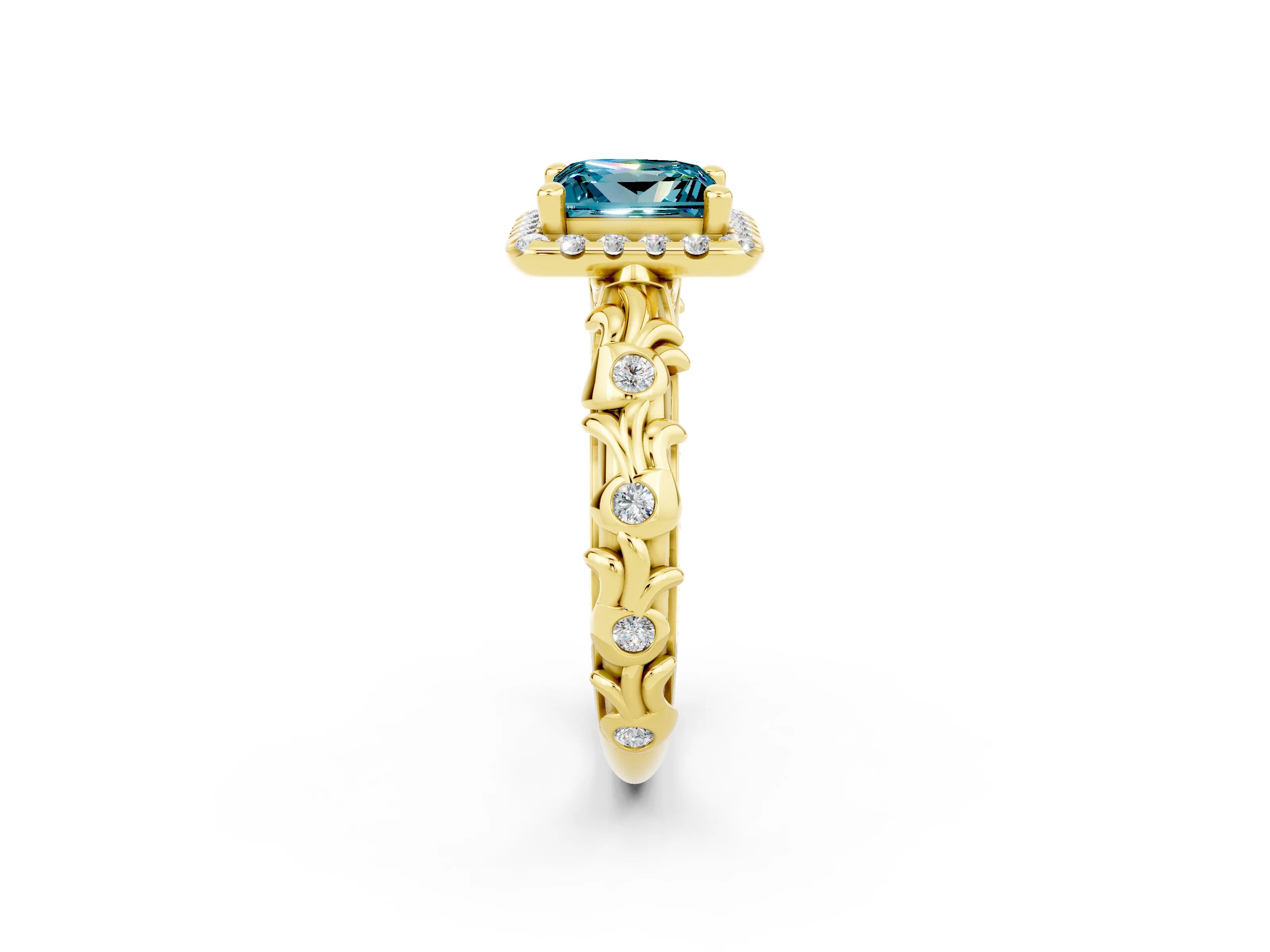 Yellow gold Princess Cut Halo Diamond Solitaire with Filigree Band and Four-Prong Setting_2