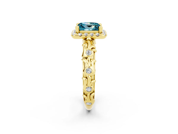 Yellow gold Princess Cut Halo Diamond Solitaire with Filigree Band and Four-Prong Setting