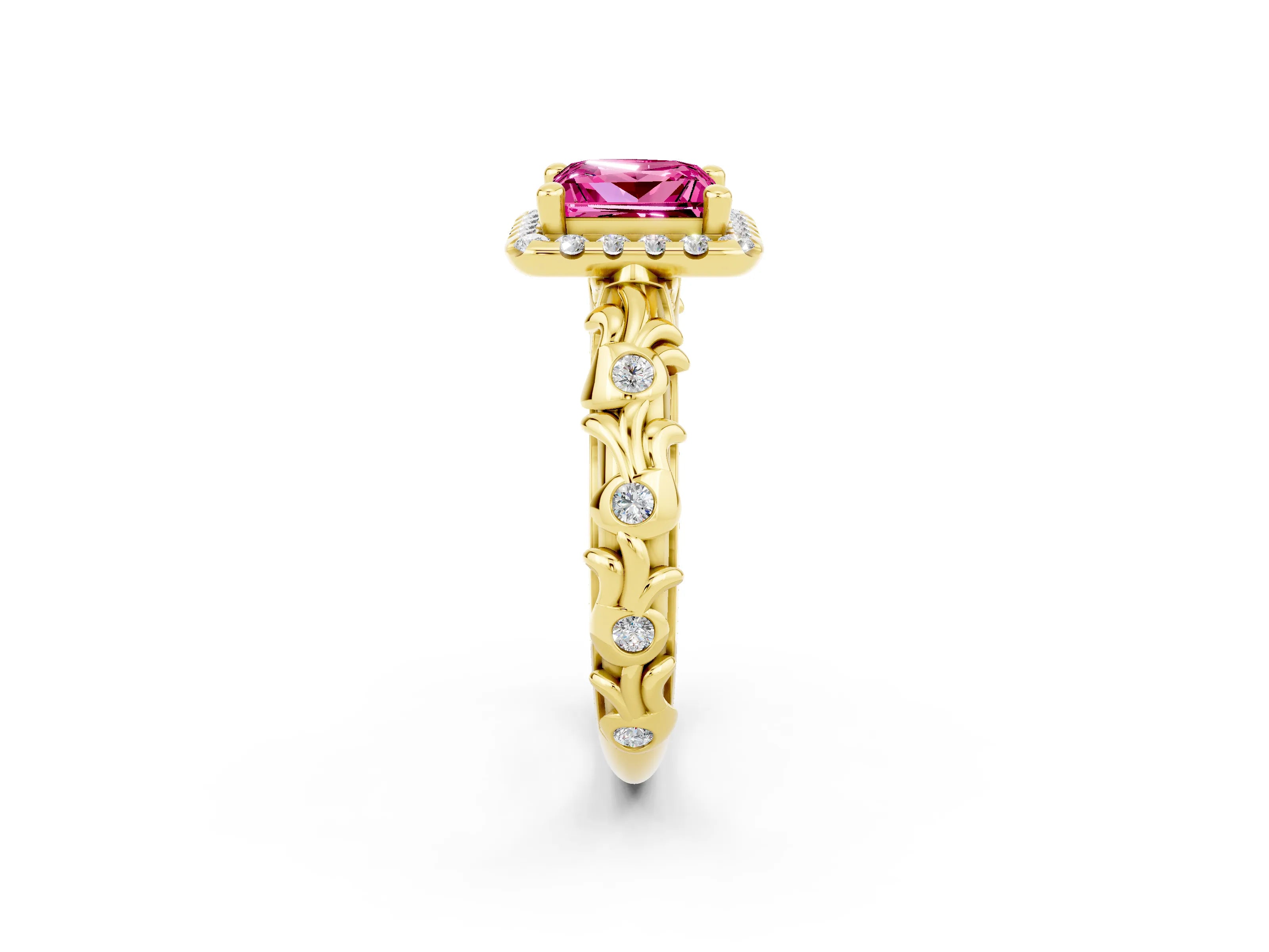 Yellow gold Princess Cut Halo Diamond Solitaire with Filigree Band and Four-Prong Setting_2
