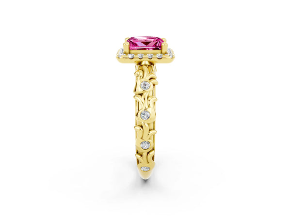 Yellow gold Princess Cut Pink Sapphire Halo Ring with Filigree Band and Prong Setting