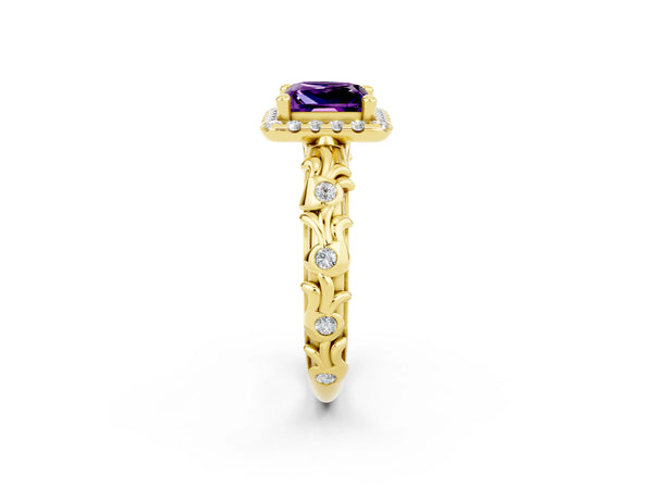 Yellow gold Princess Cut Amethyst Halo Ring with Filigree Band and Prong Setting