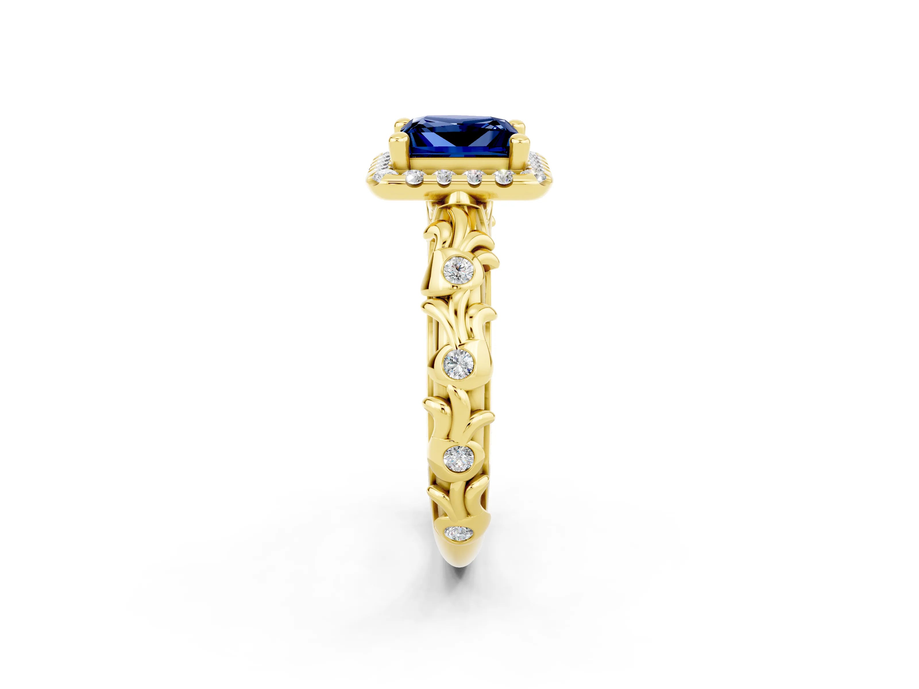 Yellow gold Princess Cut Halo Diamond Solitaire with Filigree Band and Four-Prong Setting_2