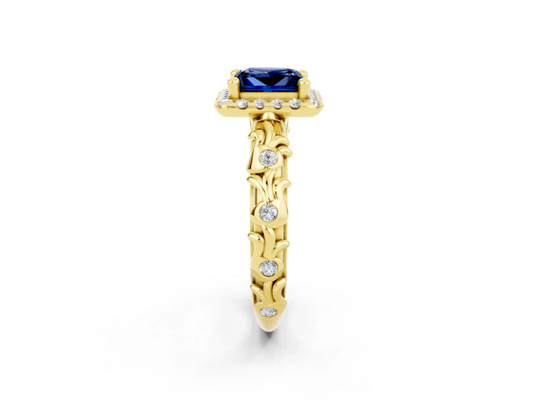 Yellow gold Princess Cut Blue Sapphire Halo Ring with Filigree Band and Prong Setting