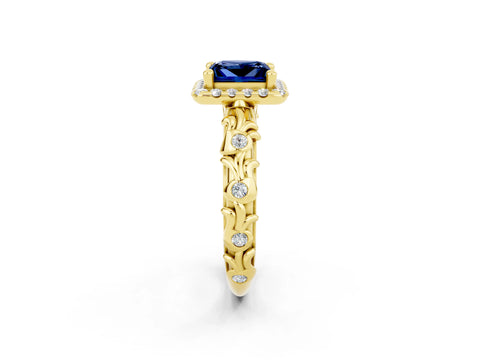 Yellow gold Princess Cut Halo Diamond Solitaire with Filigree Band and Four-Prong Setting_2