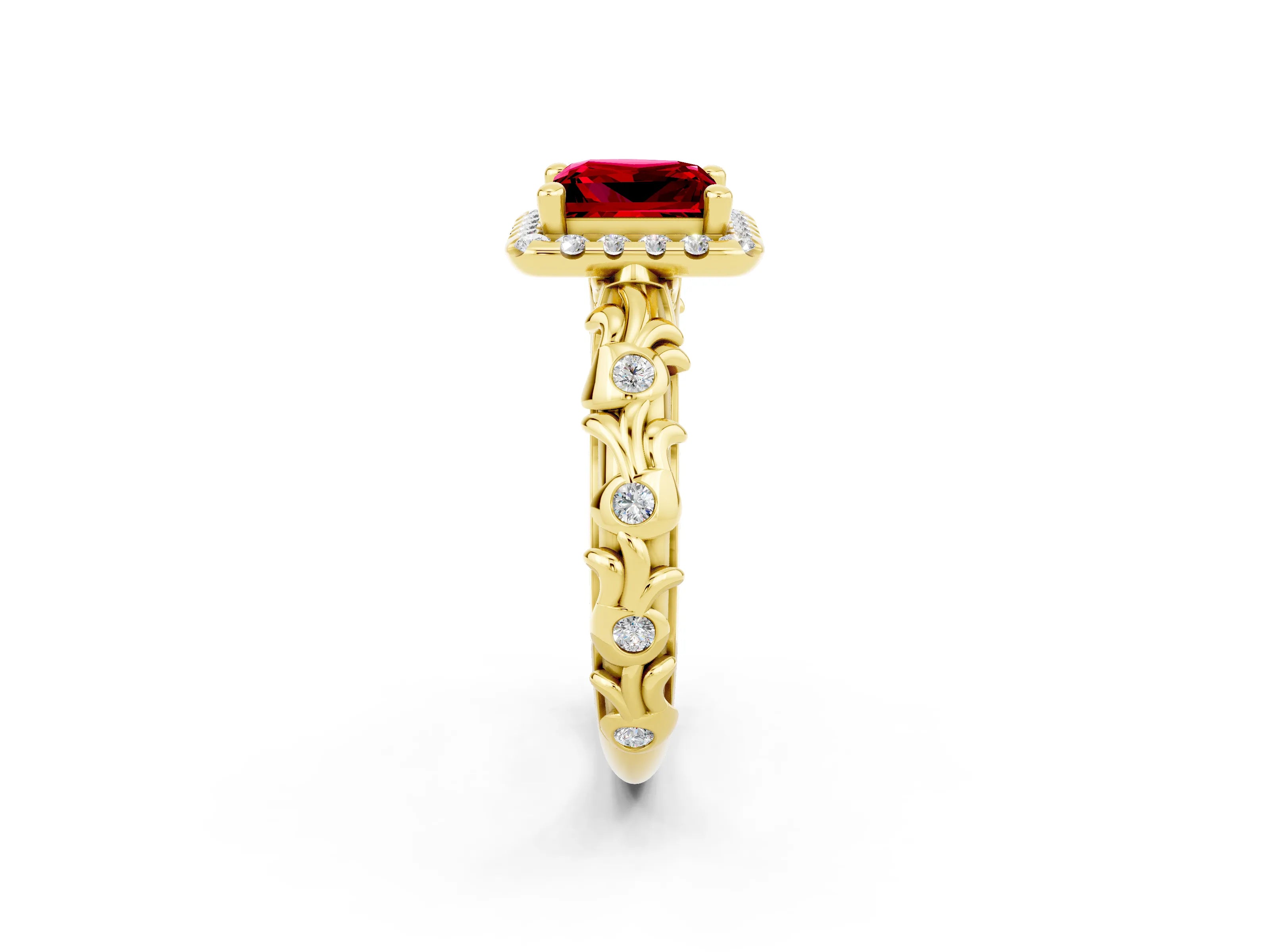 Yellow gold Princess Cut Halo Diamond Solitaire with Filigree Band and Four-Prong Setting_2