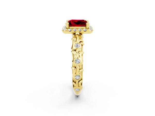 Yellow gold Princess Cut Ruby Halo Ring with Filigree Band and Prong Setting