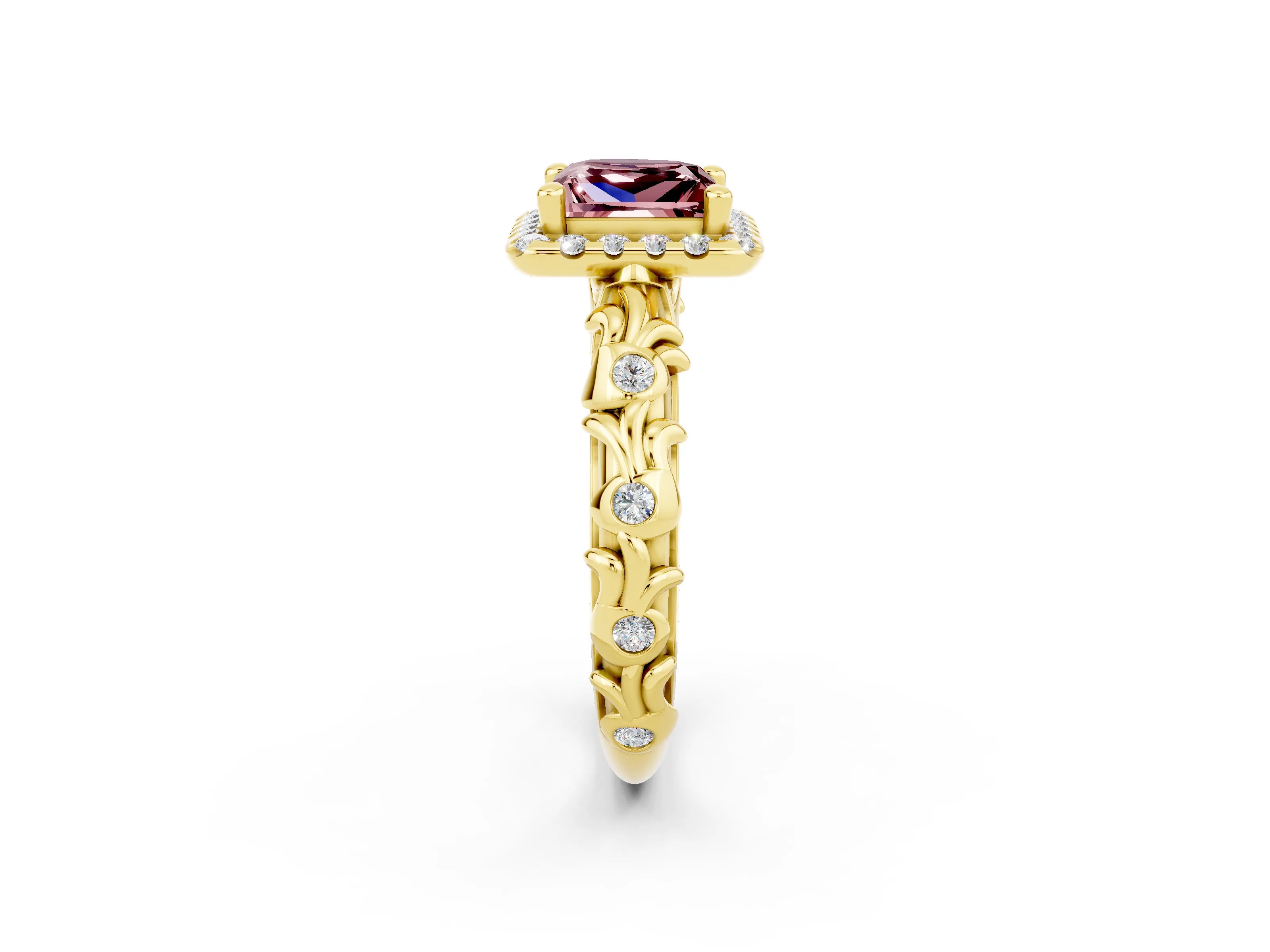 Yellow gold Princess Cut Halo Diamond Solitaire with Filigree Band and Four-Prong Setting_2
