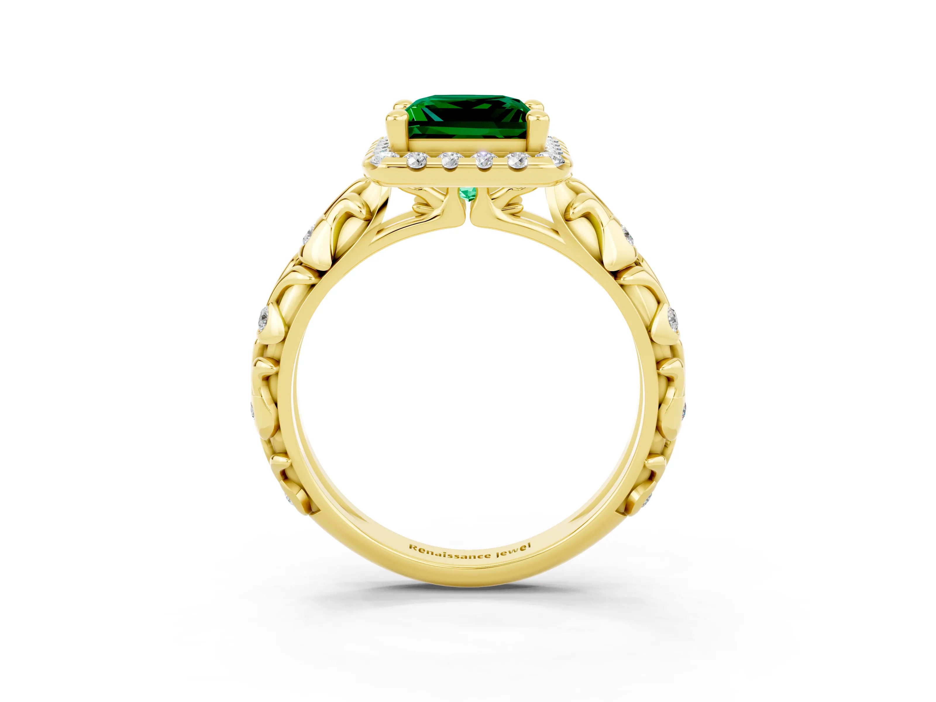 Yellow gold Princess Cut Halo Diamond Solitaire with Filigree Band and Four-Prong Setting_3