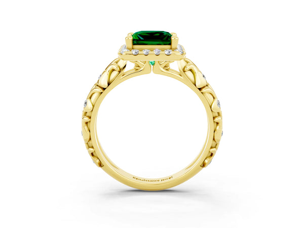 Yellow gold Princess Cut Emerald Halo Ring with Filigree Band and Prong Setting