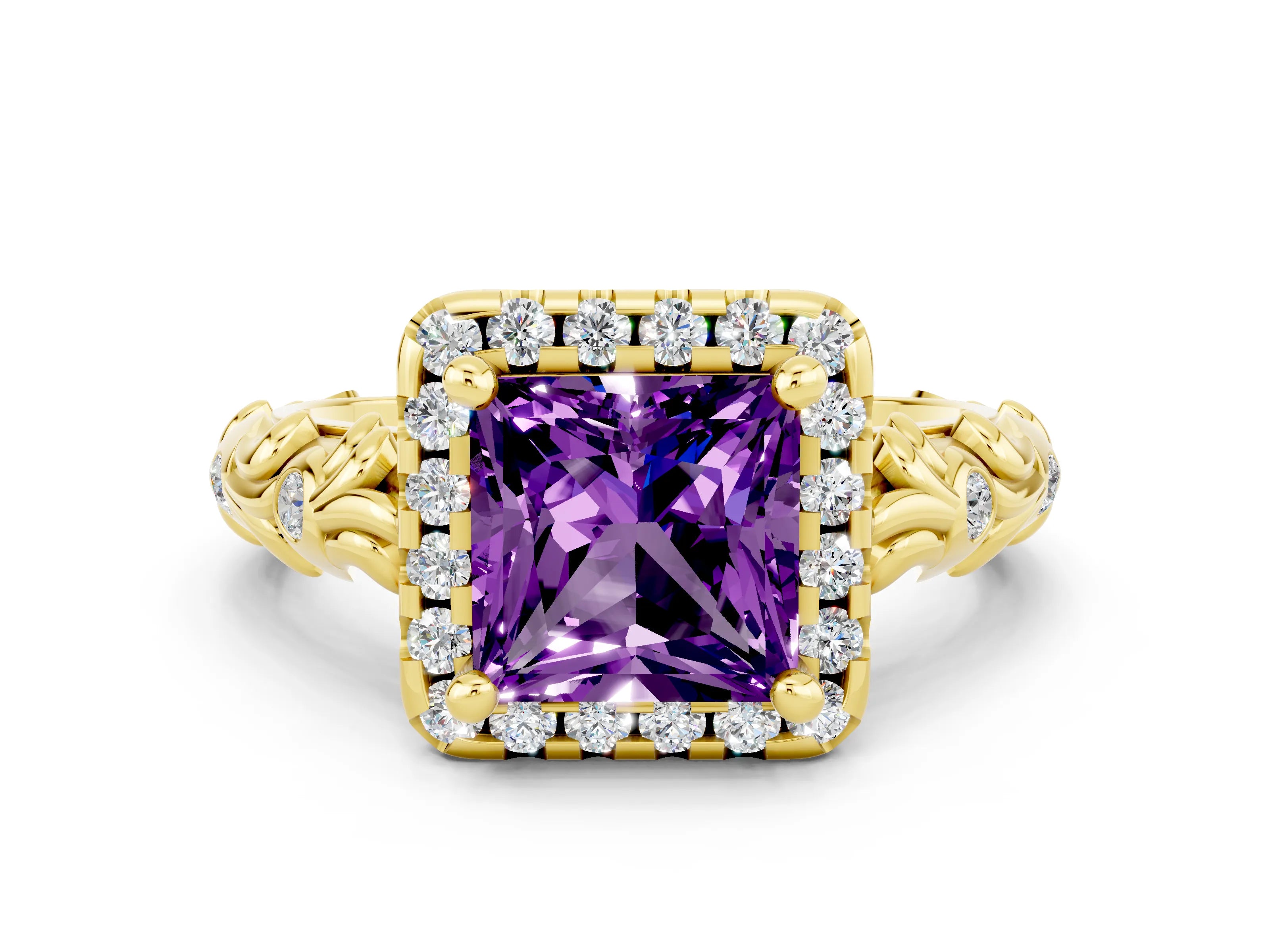 Yellow gold Princess Cut Halo Diamond Solitaire with Filigree Band and Four-Prong Setting