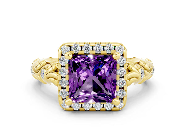 Yellow gold Princess Cut Amethyst Halo Ring with Filigree Band and Prong Setting